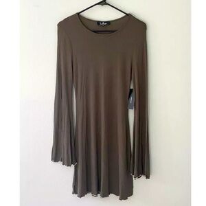 NWT Lulus Olive Green Cardiff Ribbed Stretch Bell Long Sleeve Knit Dress Medium